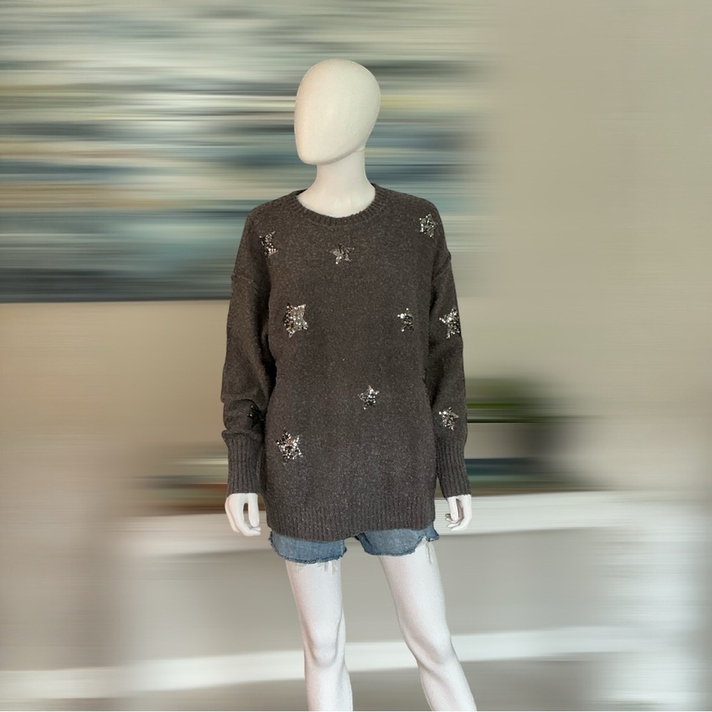 PEACH LOVE CALIFORNIA ever so soft sequin star charcoal sweater sz S M L - Picture 8 of 9